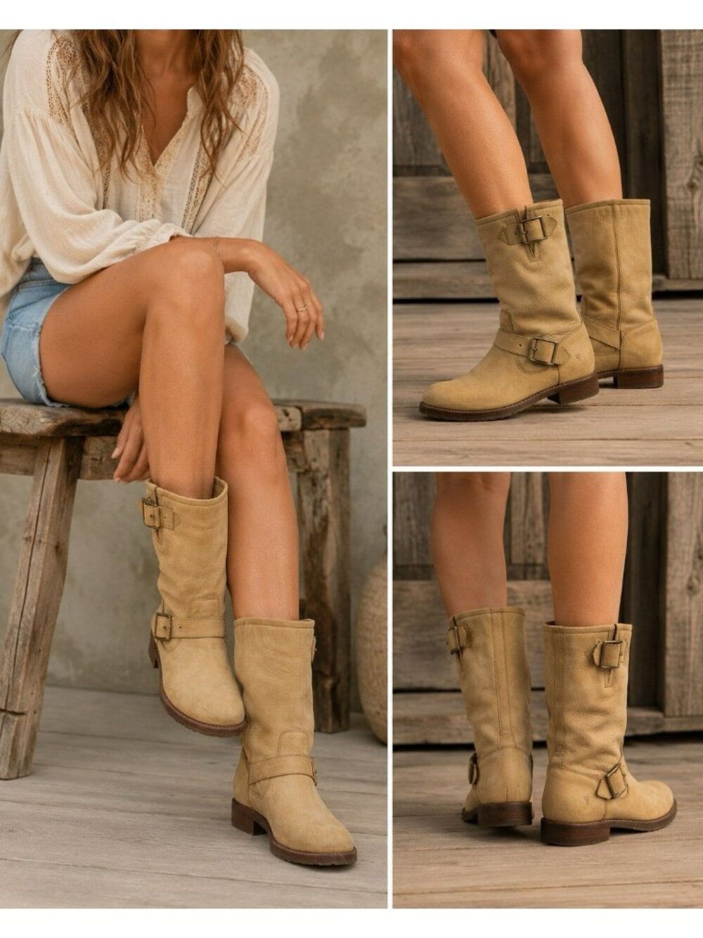 Frye Boots Ankle Natalie Short Engineer Sand Womens Riding Booties Shoes 6